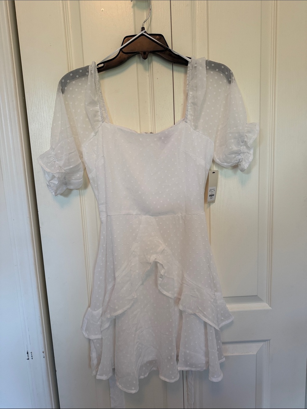 Francesca's White Swiss Dot Puff Sleeve Mini Dress